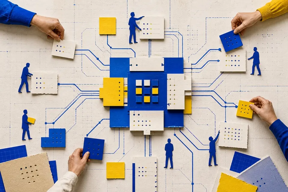 Hands and paper figures shaping connected software modules in blue, yellow and white
